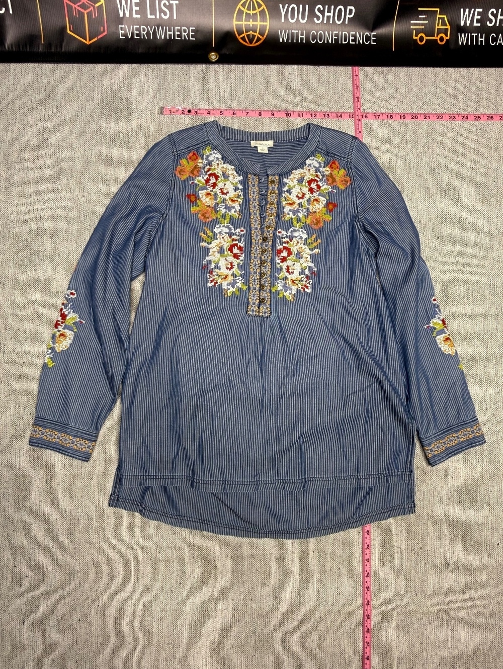 Sundance Blue Striped Embroidered Floral Tunic Top Small - Picture 1 of 12